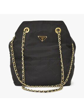 Prada Tote Bag Triangle Logo Nylon Black Gold